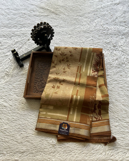 Dola Crepe Saree Dark Mustard Colored Elegantly Paired with a Zari Border. - Sampradaya Designer Studio