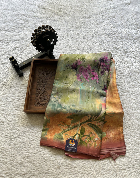 Satin Georgette Saree Pista Green Colored Elegantly Paired with a Borderless. - Sampradaya Designer Studio