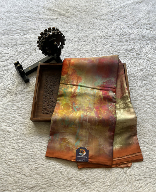 Satin Georgette Saree Pale Orange Colored Elegantly Paired with a Borderless. - Sampradaya Designer Studio