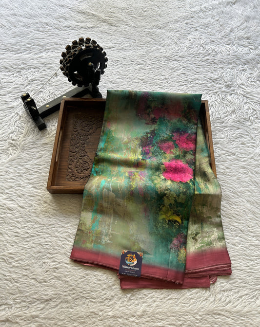 Satin Georgette Saree Teal Green Colored Elegantly Paired with a Borderless. - Sampradaya Designer Studio