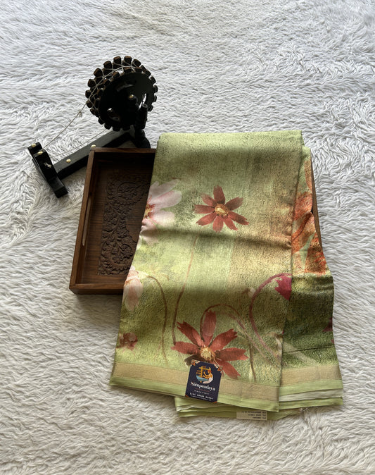Satin Georgette Saree Light Green Colored Elegantly Paired with a Zari Border. - Sampradaya Designer Studio