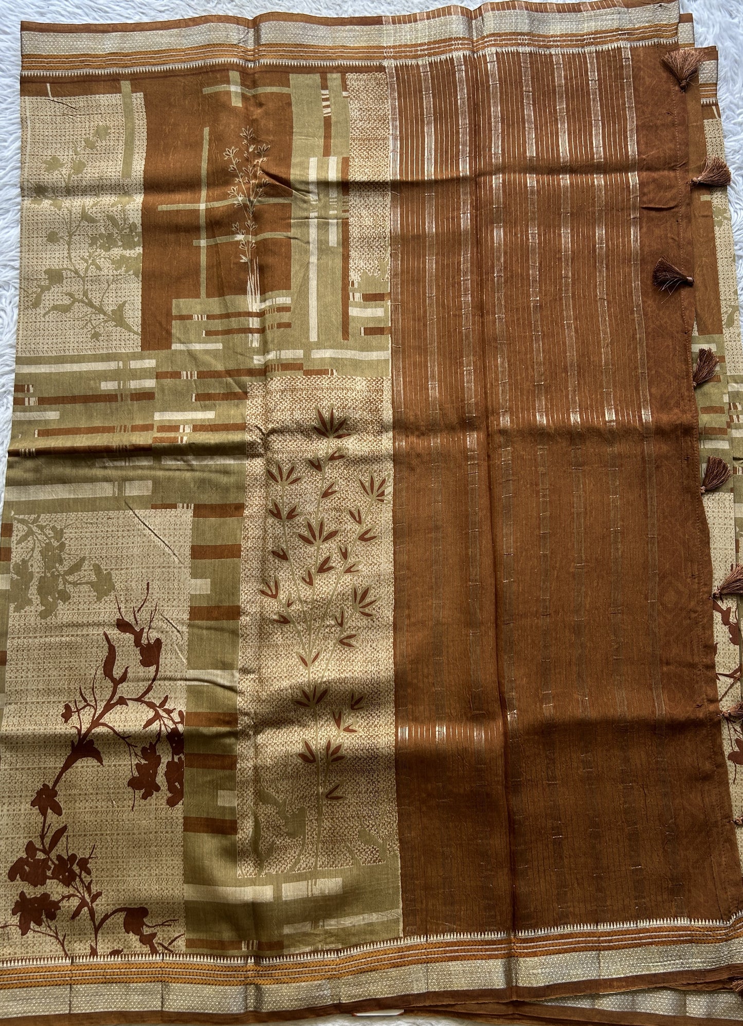 Dola Crepe Saree Dark Mustard Colored Elegantly Paired with a Zari Border. - Sampradaya Designer Studio