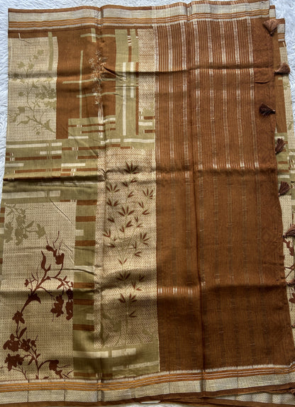 Dola Crepe Saree Dark Mustard Colored Elegantly Paired with a Zari Border. - Sampradaya Designer Studio