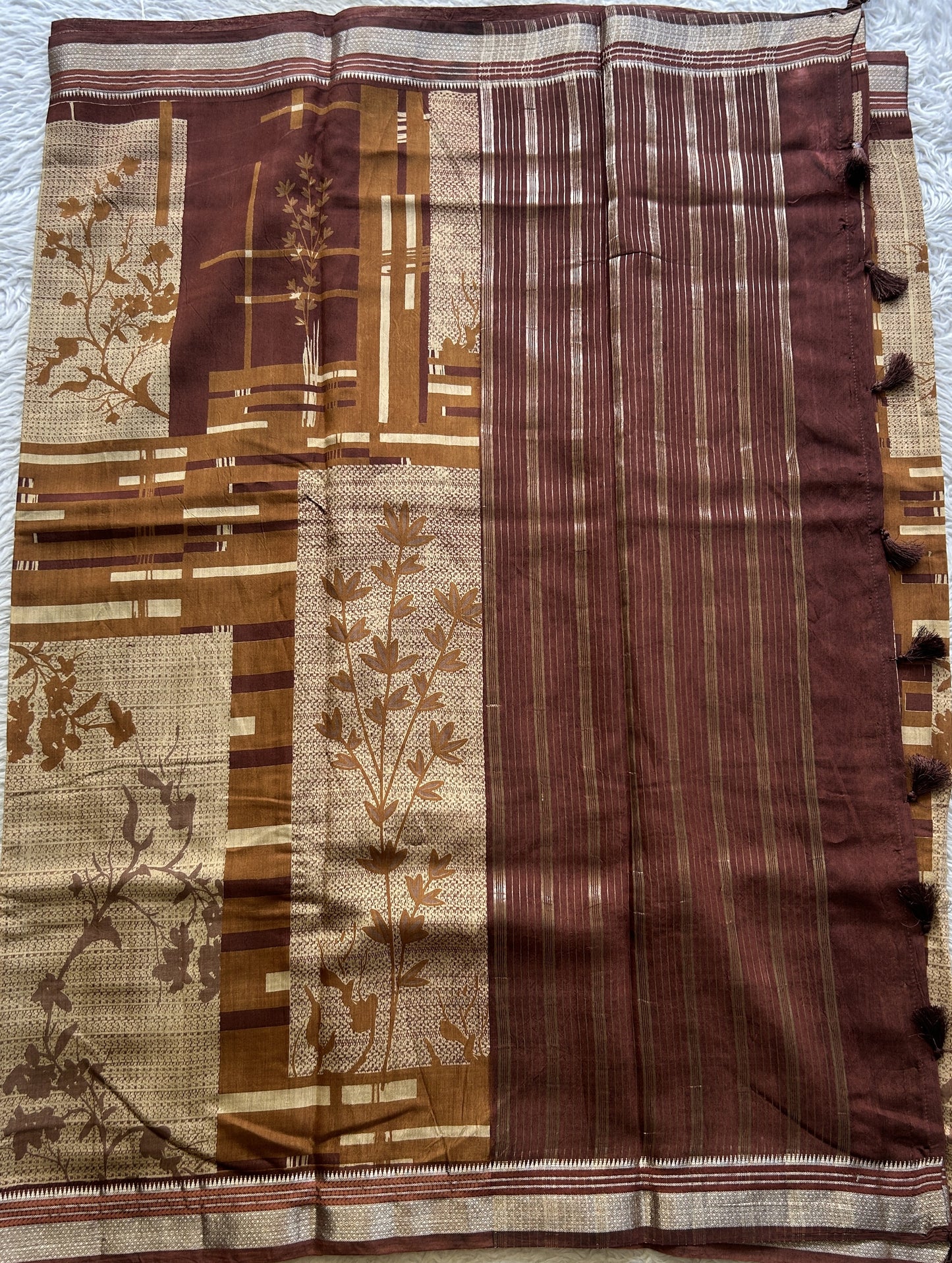 Dola Crepe Saree Chocolate Colored Elegantly Paired with a Zari Border. - Sampradaya Designer Studio