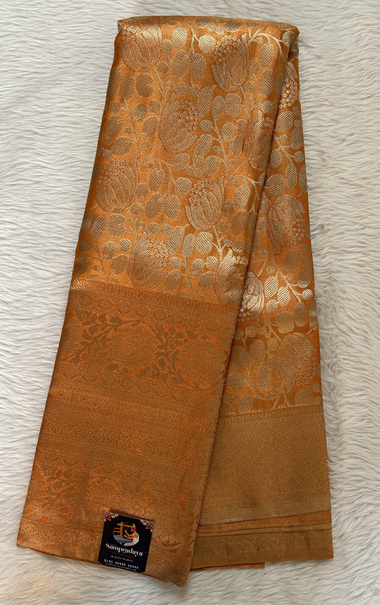 Kanjivaram Bridal Silk Saree Orange colored Saree complemented with a Gold Kanchi border. - Sampradaya Designer Studio