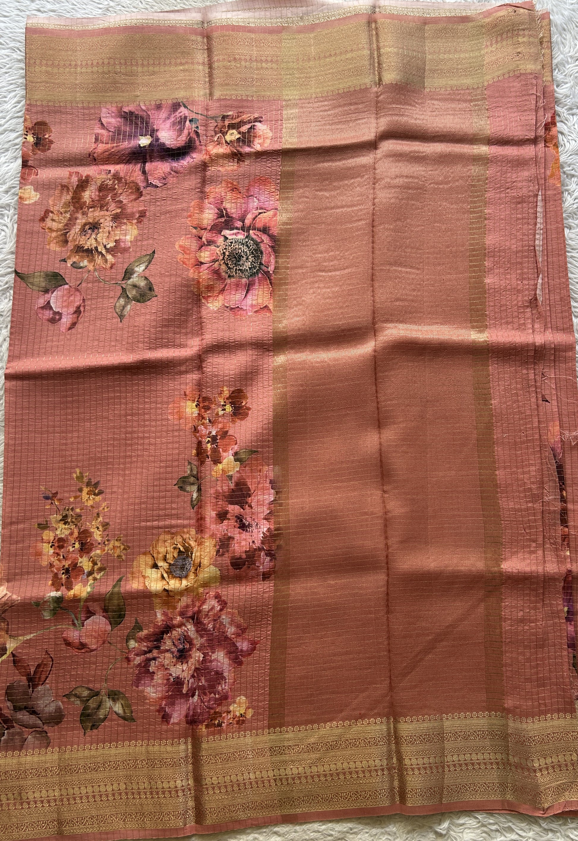 Dola Crepe Saree Dark Peach Colored Elegantly Paired with a Zari Border. - Sampradaya Designer Studio