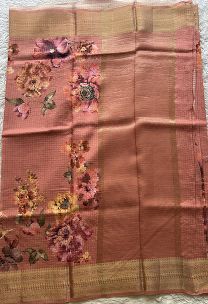 Dola Crepe Saree Dark Peach Colored Elegantly Paired with a Zari Border. - Sampradaya Designer Studio