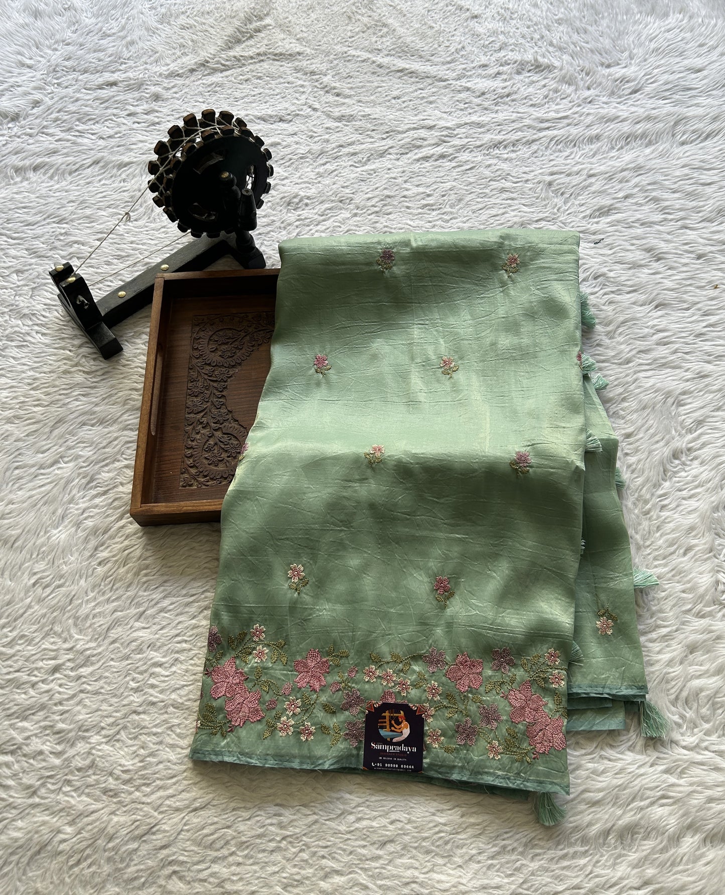 Inox Silk Saree Sea Blue Colored Complemented with a Embroidered Border. - Sampradaya Designer Studio