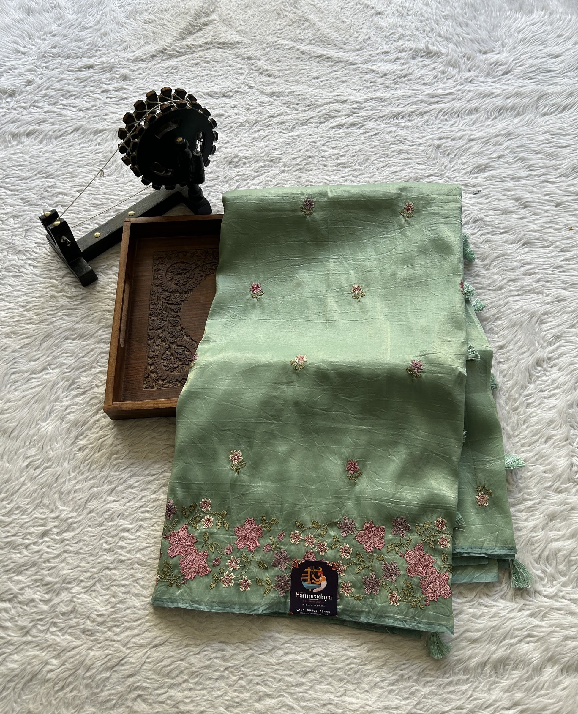 Inox Silk Saree Sea Blue Colored Complemented with a Embroidered Border. - Sampradaya Designer Studio