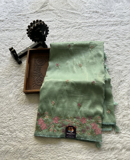 Inox Silk Saree Sea Blue Colored Complemented with a Embroidered Border. - Sampradaya Designer Studio