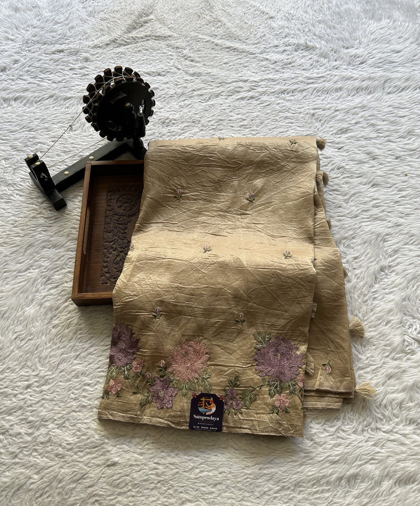 Inox Silk Saree Beige Colored Complemented with a Embroidered Border. - Sampradaya Designer Studio