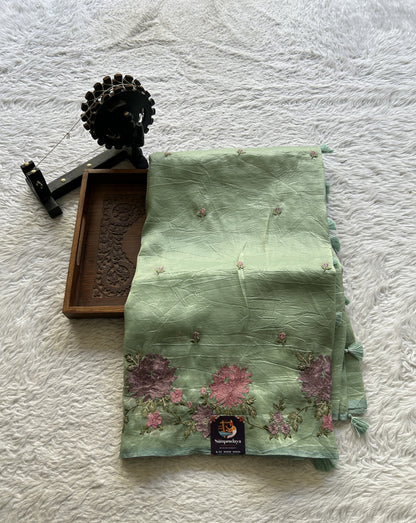Inox Silk Saree Light Green Colored Complemented with a Embroidered Border. - Sampradaya Designer Studio