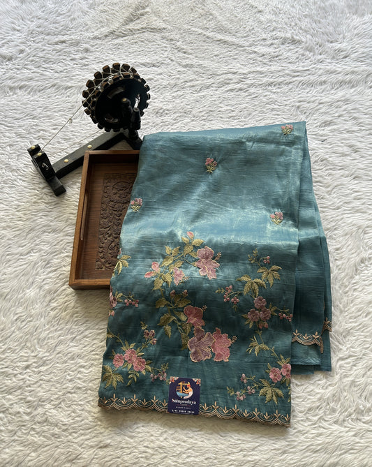 Inox Silk Saree Ink Blue Colored Complemented with a Embroidered Scallop Border. - Sampradaya Designer Studio