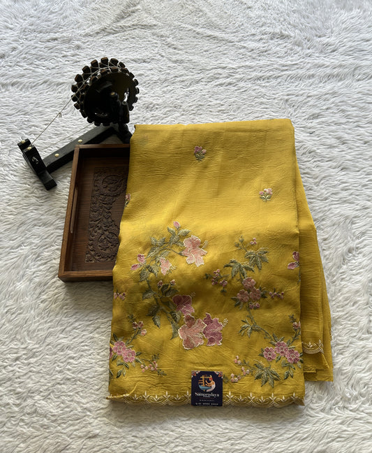 Inox Silk Saree Yellow Colored Complemented with a Embroidered Scallop Border. - Sampradaya Designer Studio