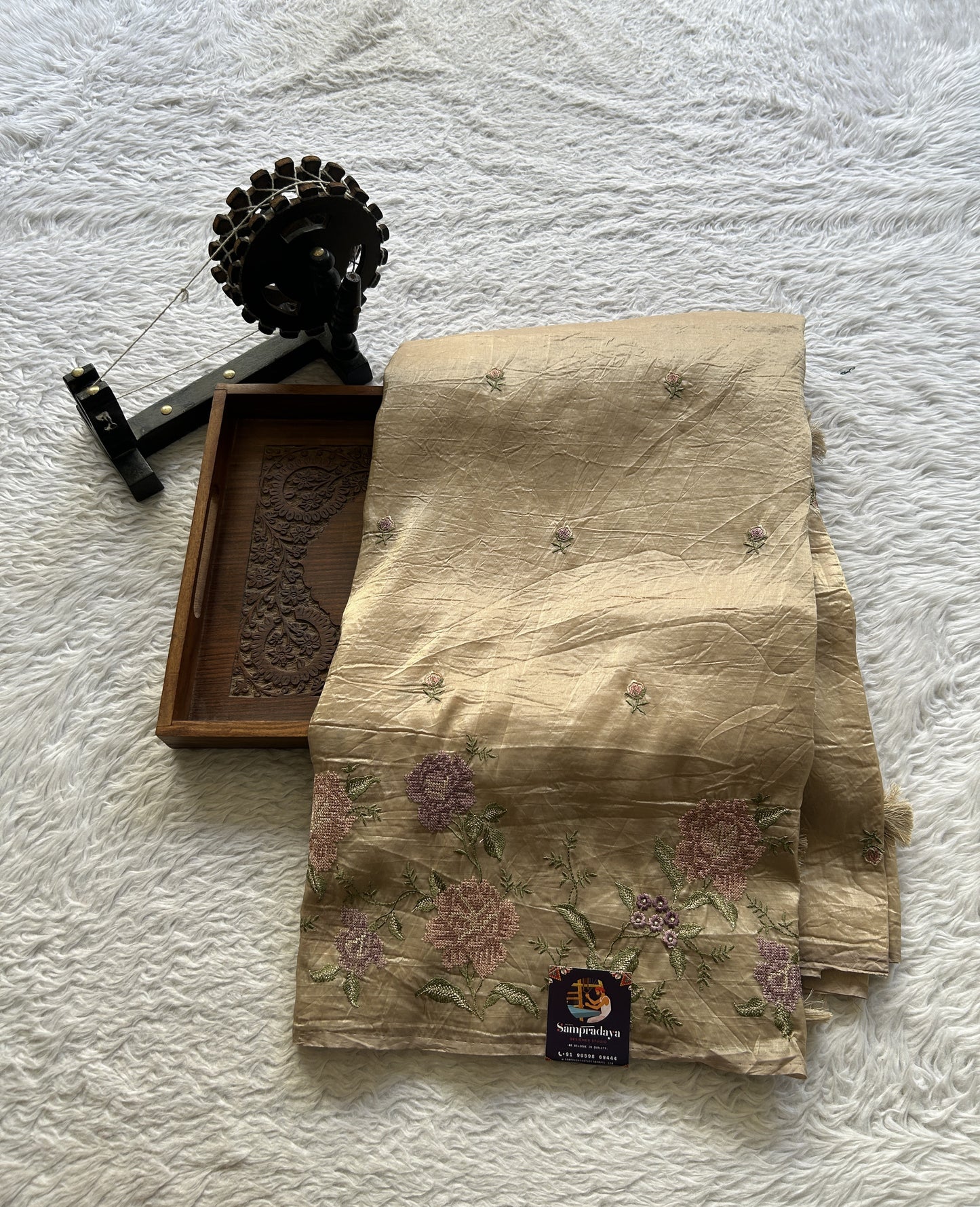 Inox Silk Saree Beige Colored Elegantly Paired with a Embroidered Border. - Sampradaya Designer Studio