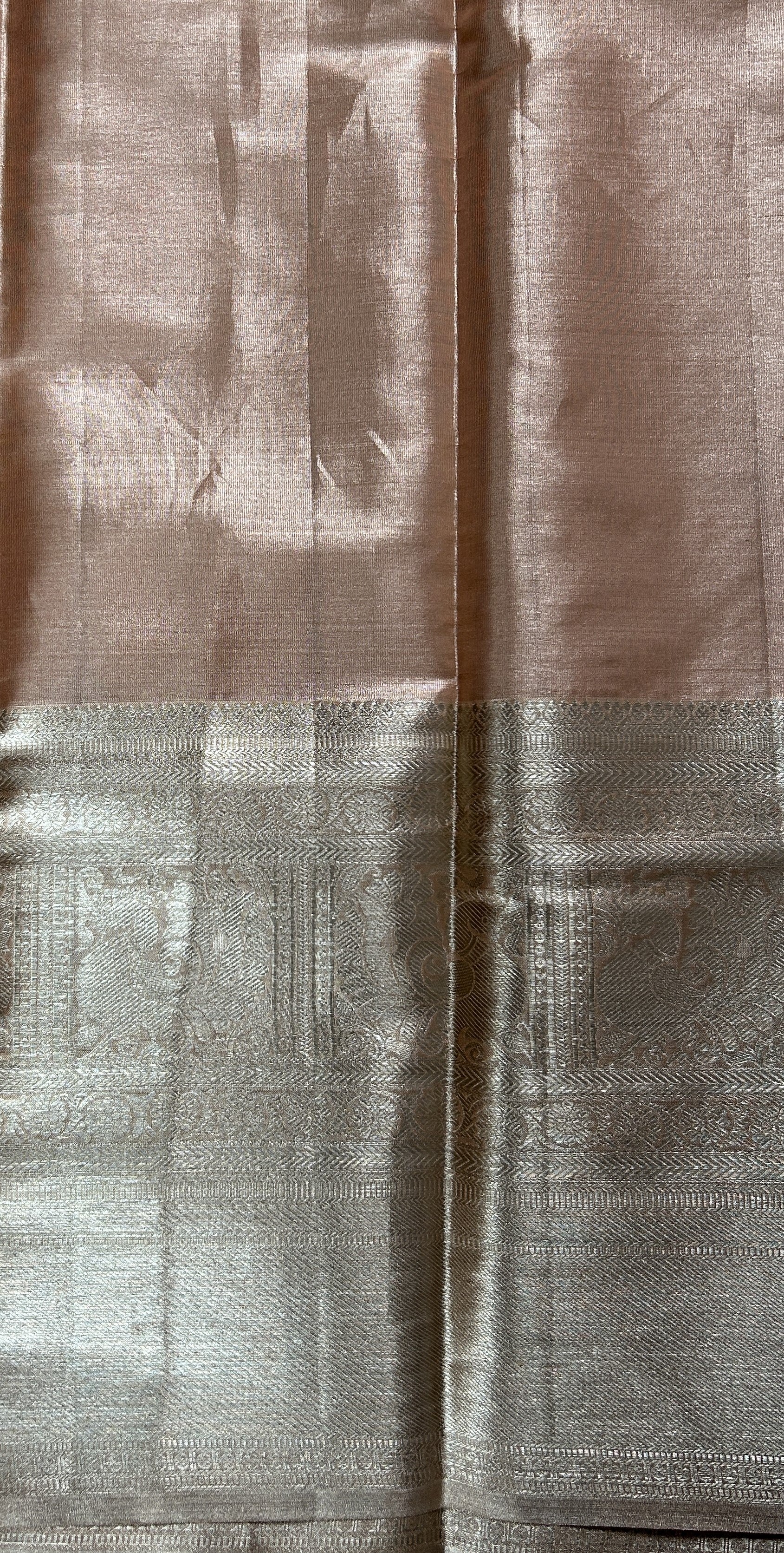 Kanjivaram Bridal Silk Saree Pastel Orange colored Saree complemented with a Light Gold Zari Kanchi border. - Sampradaya Designer Studio