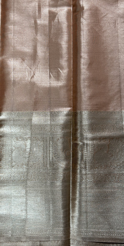 Kanjivaram Bridal Silk Saree Pastel Orange colored Saree complemented with a Light Gold Zari Kanchi border. - Sampradaya Designer Studio