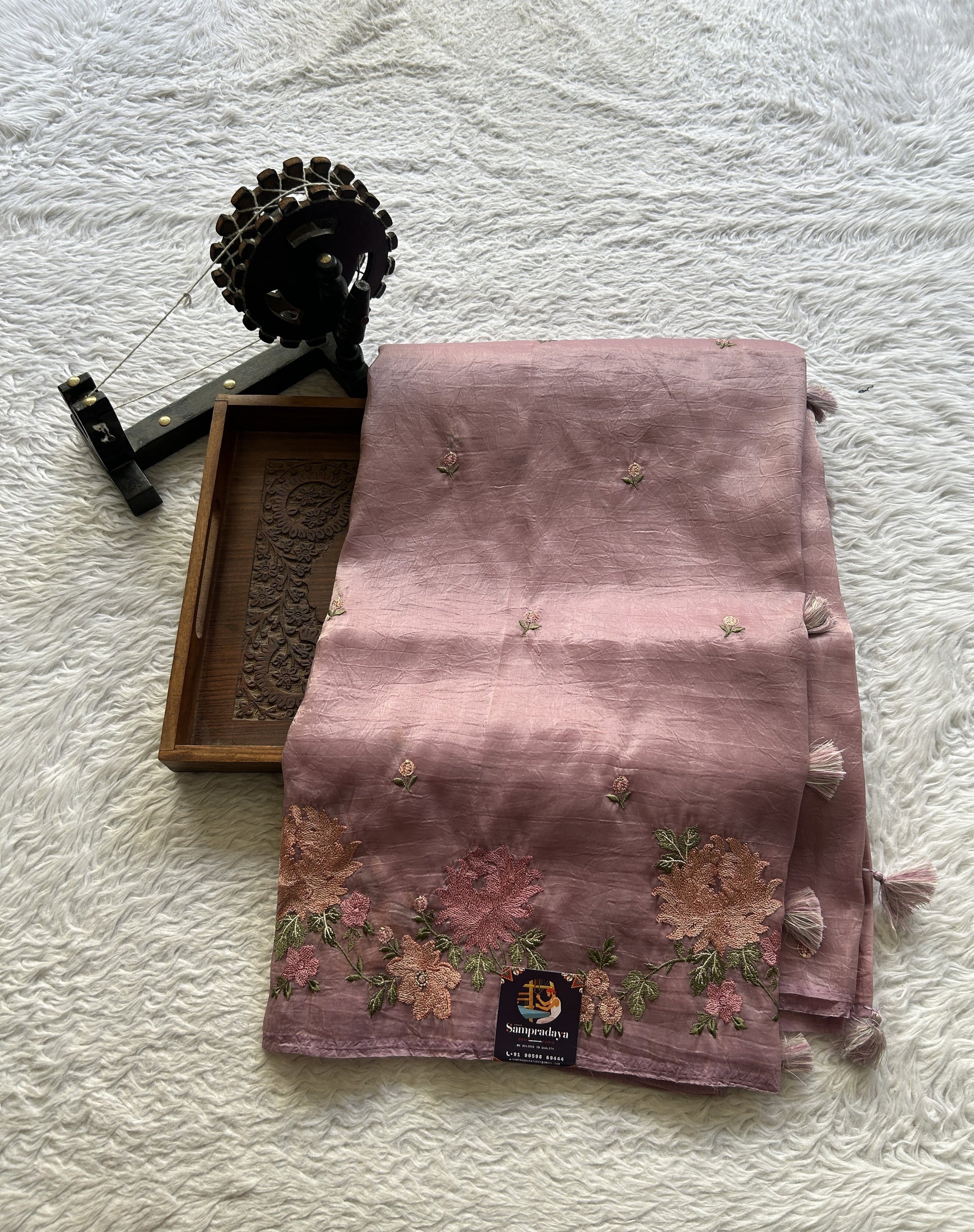 Inox Silk Saree Lilac Colored Elegantly Paired with a Embroidered Border. - Sampradaya Designer Studio
