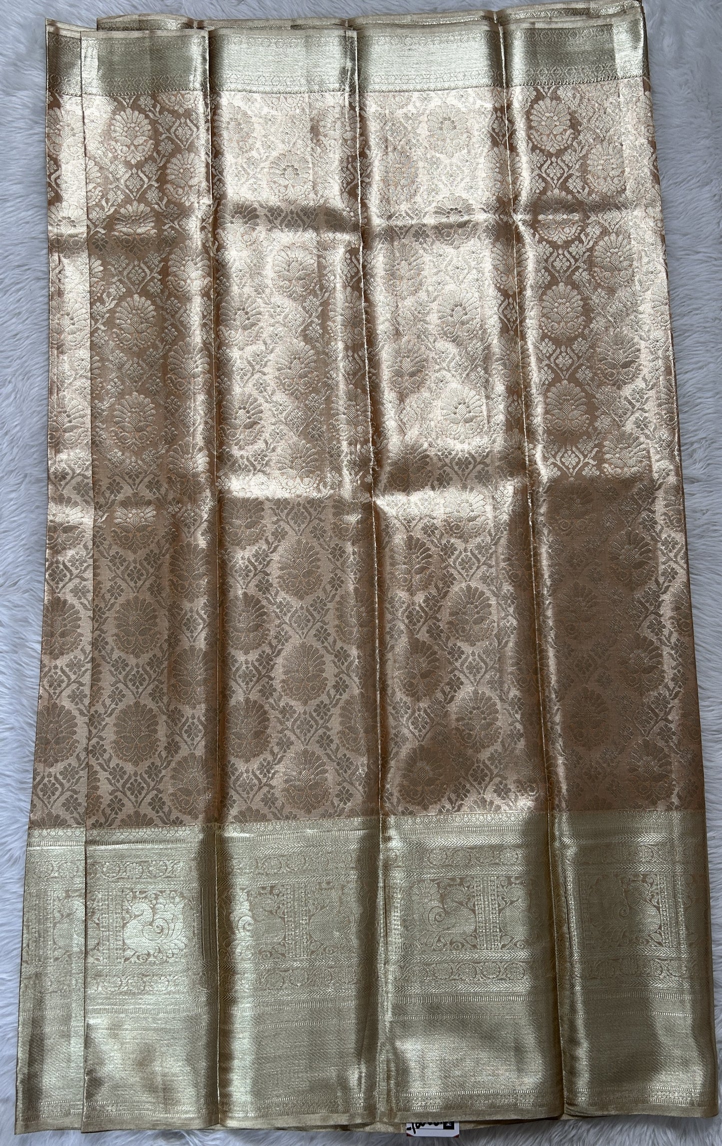 Kanjivaram Bridal Silk Saree Pastel Orange colored Saree complemented with a Light Gold Zari Kanchi border. - Sampradaya Designer Studio