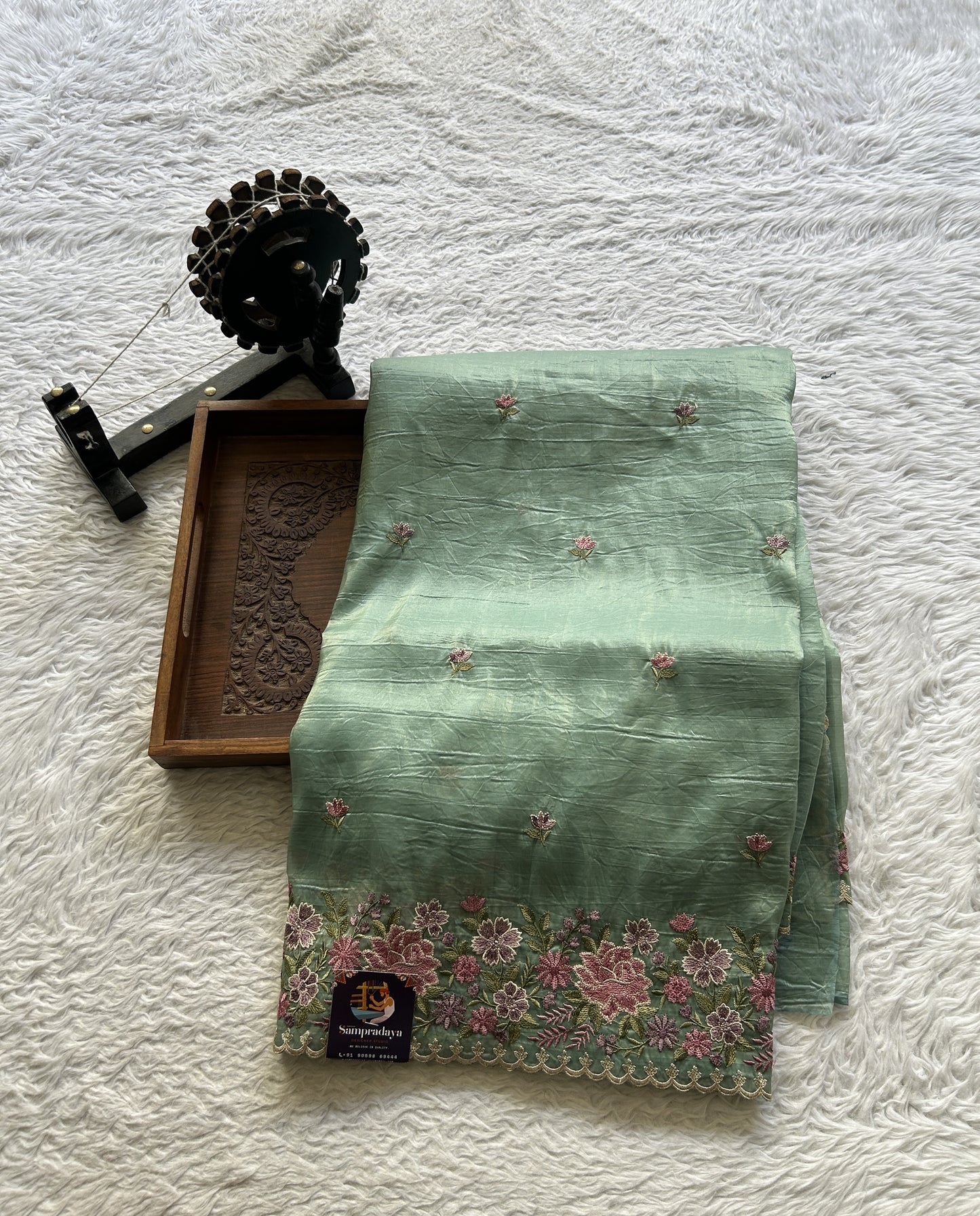 Inox Silk Saree Sea Green Colored Elegantly Paired with a Embroidered Border. - Sampradaya Designer Studio
