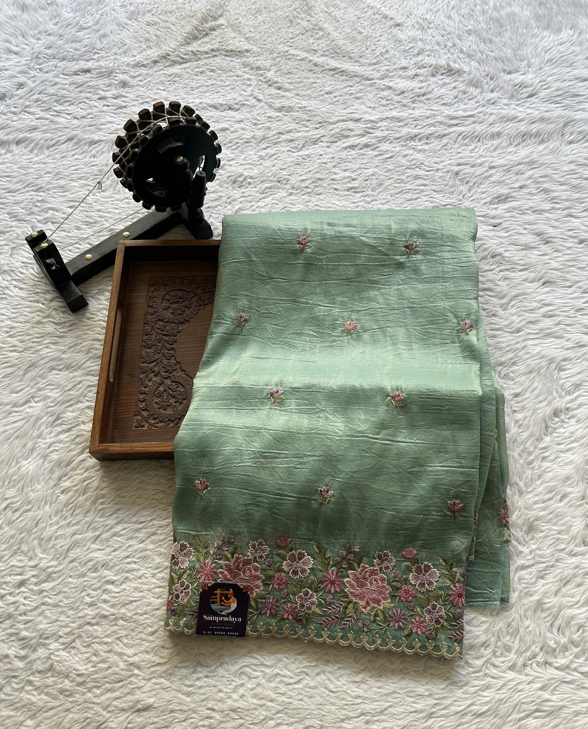 Inox Silk Saree Sea Green Colored Elegantly Paired with a Embroidered Border. - Sampradaya Designer Studio