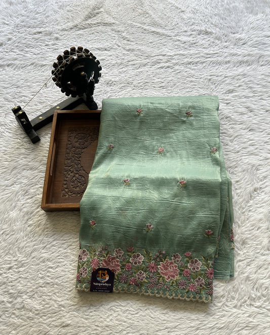 Inox Silk Saree Sea Green Colored Elegantly Paired with a Embroidered Border. - Sampradaya Designer Studio
