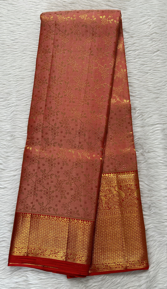 Kanjivaram Bridal Silk Saree Peach colored Saree complemented with a Red Colored Gold Zari Kanchi border. - Sampradaya Designer Studio