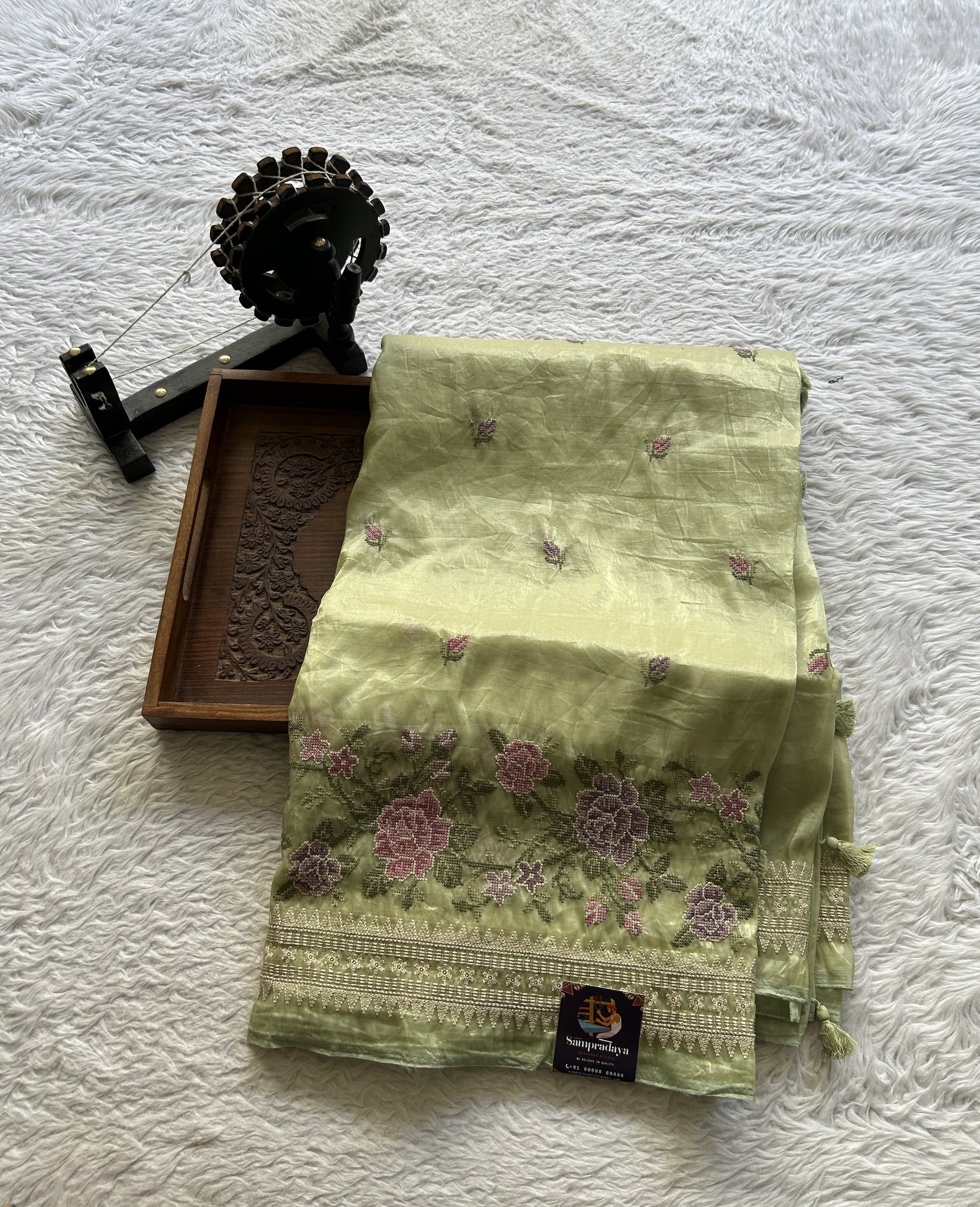 Inox Silk Saree Very Light Green Colored Elegantly Paired with a Embroidered Border. - Sampradaya Designer Studio