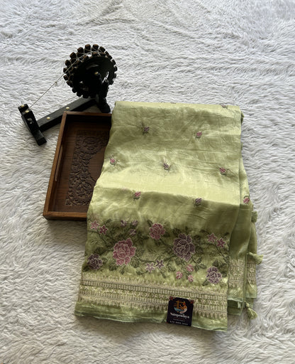Inox Silk Saree Very Light Green Colored Elegantly Paired with a Embroidered Border. - Sampradaya Designer Studio