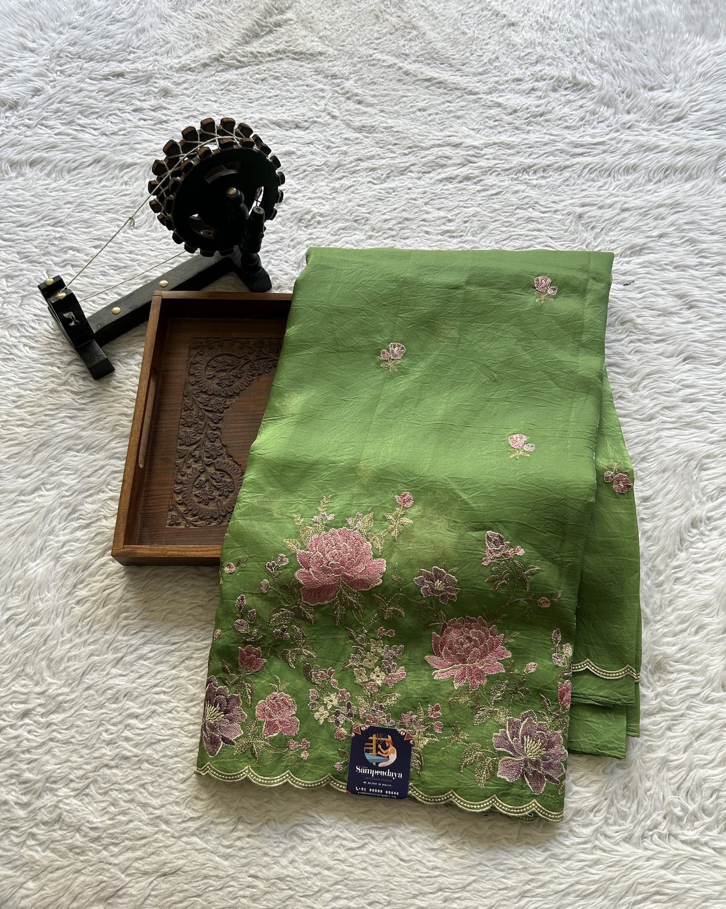 Inox Silk Saree Green Colored Elegantly Paired with a Borderless. - Sampradaya Designer Studio