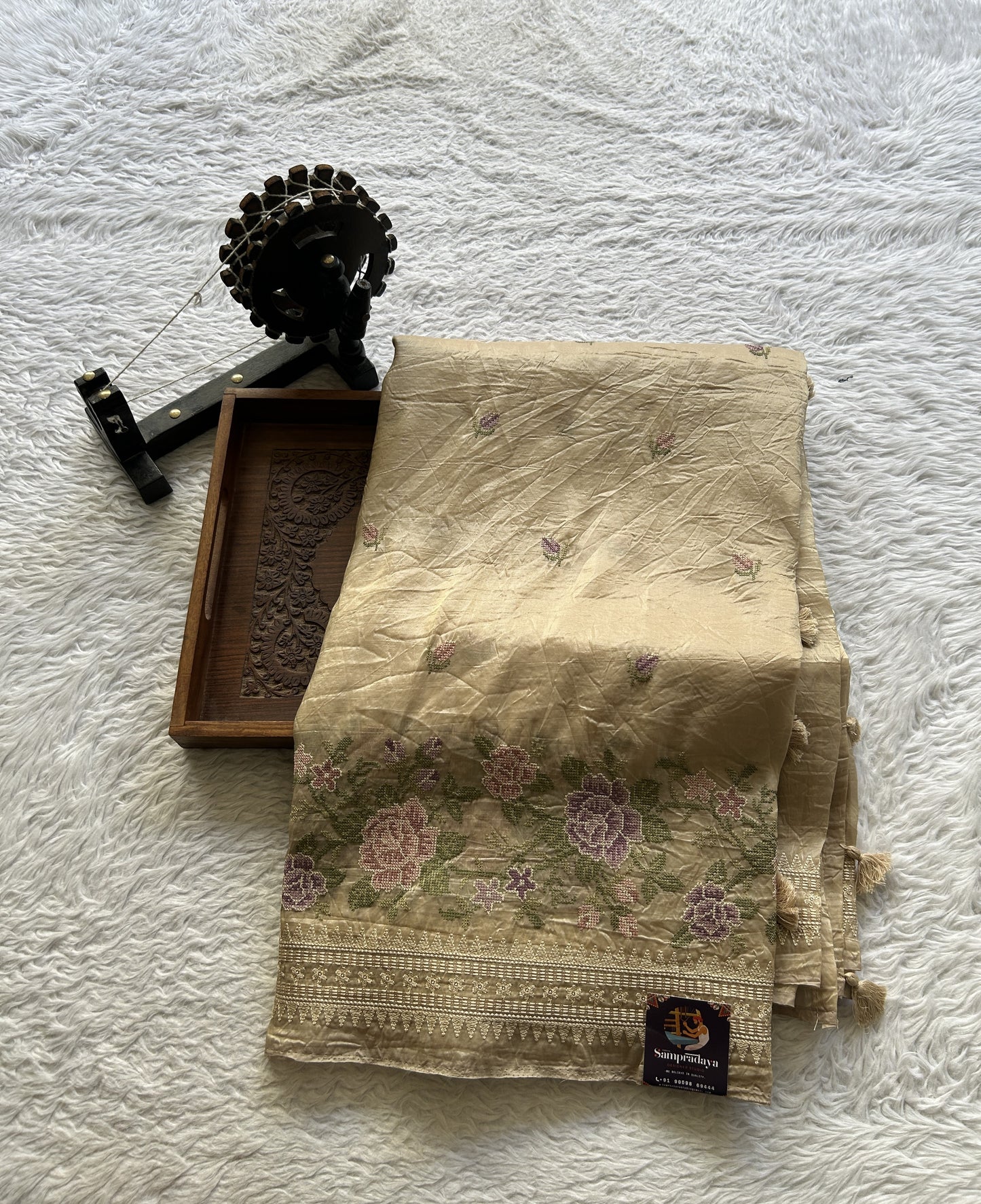 Inox Silk Saree Biscuit Colored Elegantly Paired with a Embroidered Border. - Sampradaya Designer Studio
