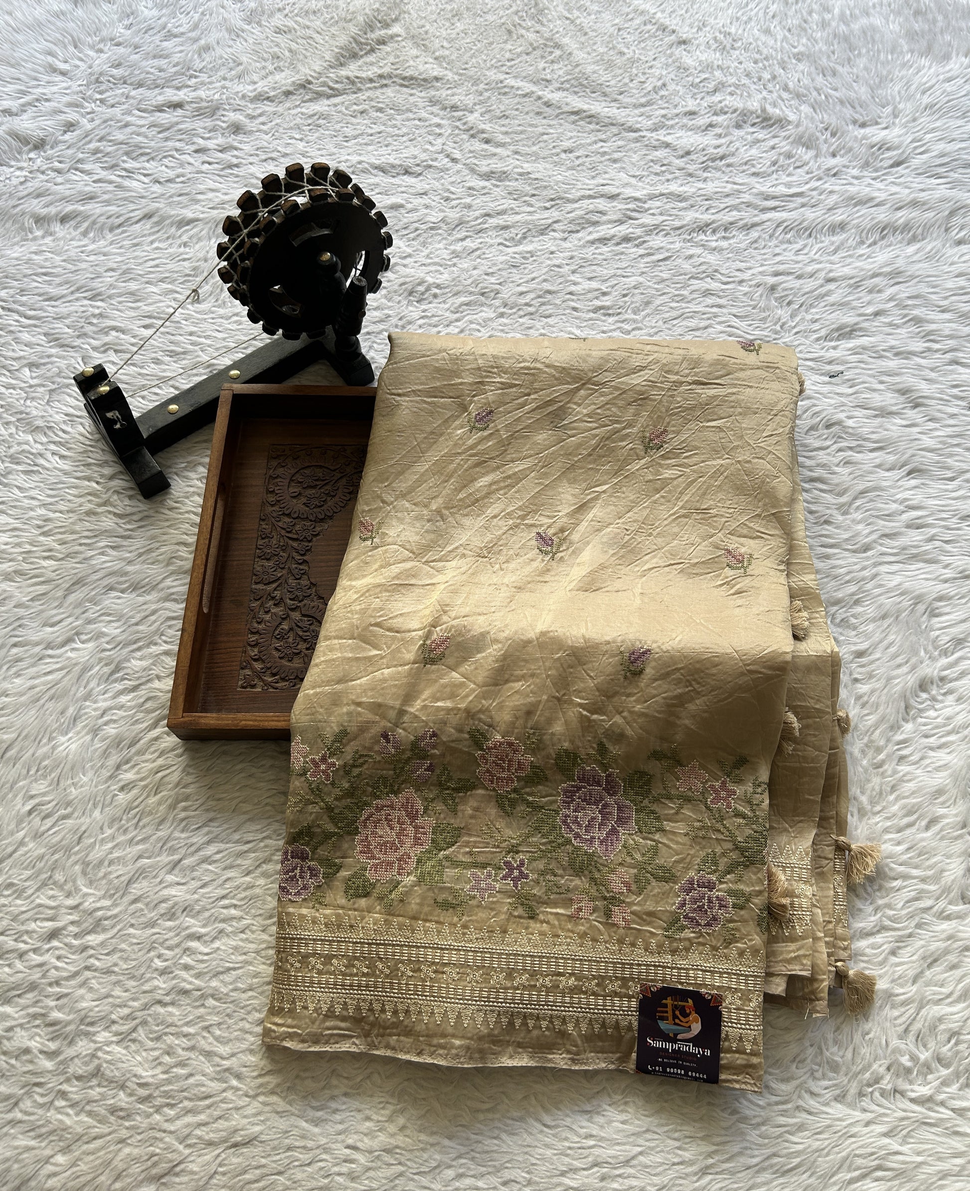Inox Silk Saree Biscuit Colored Elegantly Paired with a Embroidered Border. - Sampradaya Designer Studio