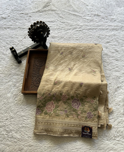 Inox Silk Saree Biscuit Colored Elegantly Paired with a Embroidered Border. - Sampradaya Designer Studio