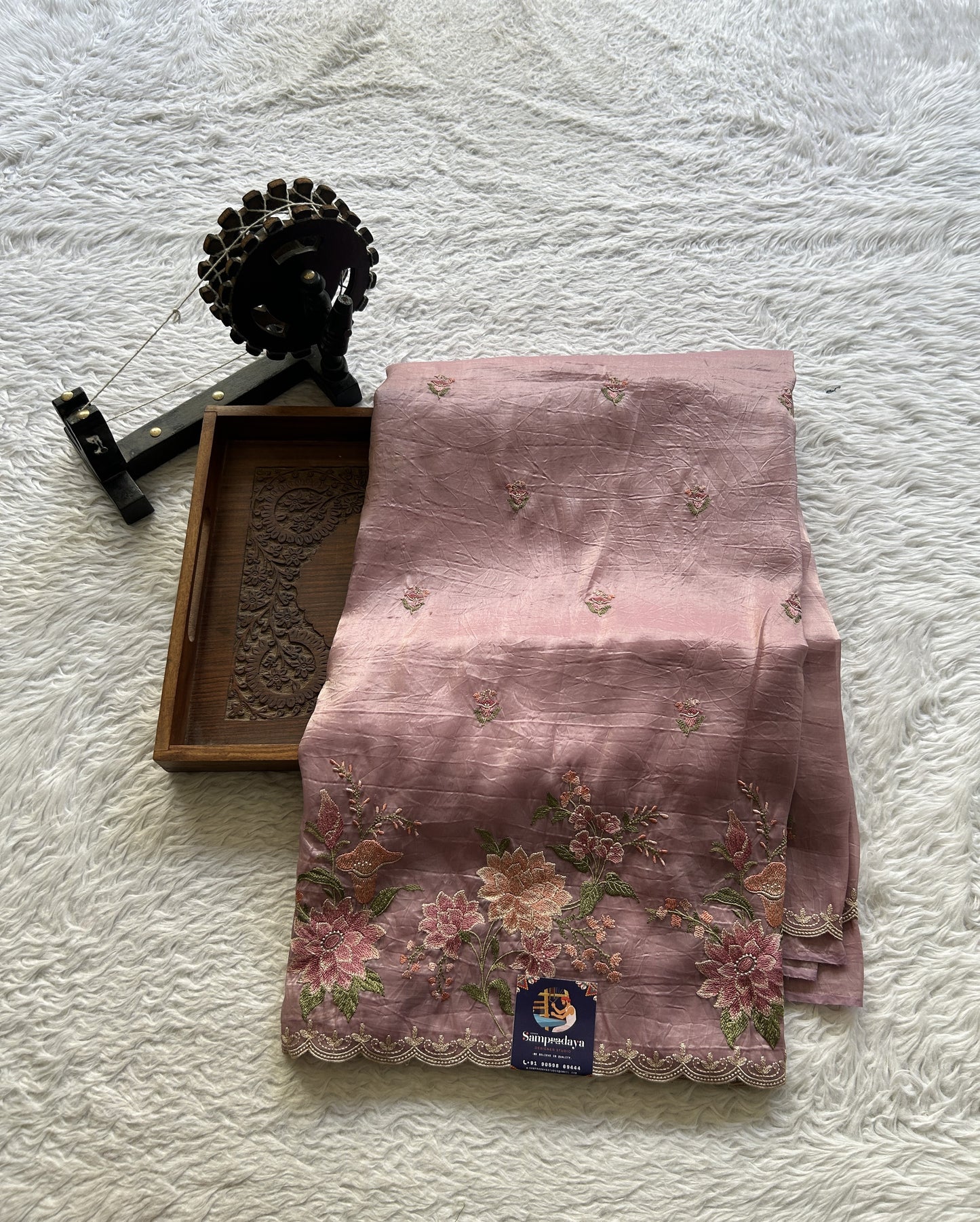 Inox Silk Saree Light Lilac Colored Elegantly Paired with a Embroidered Scallop Border. - Sampradaya Designer Studio