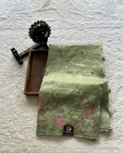 Inox Silk Saree Moss Green Colored Elegantly Paired with a Embroidered Border. - Sampradaya Designer Studio
