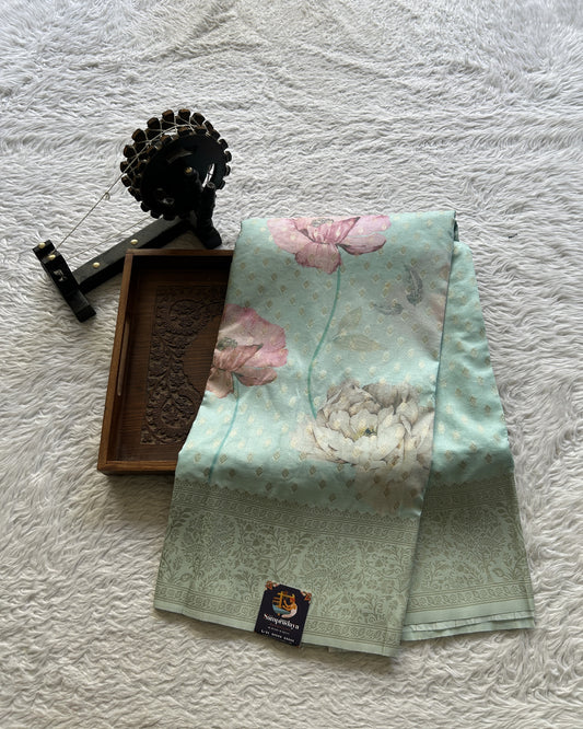 Semi Georgette Saree Light Sea Blue Colored Elegantly Paired with a Zari Border. - Sampradaya Designer Studio