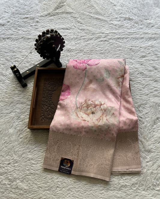 Semi Georgette Saree Light Baby Pink Colored Elegantly Paired with a Zari Border. - Sampradaya Designer Studio