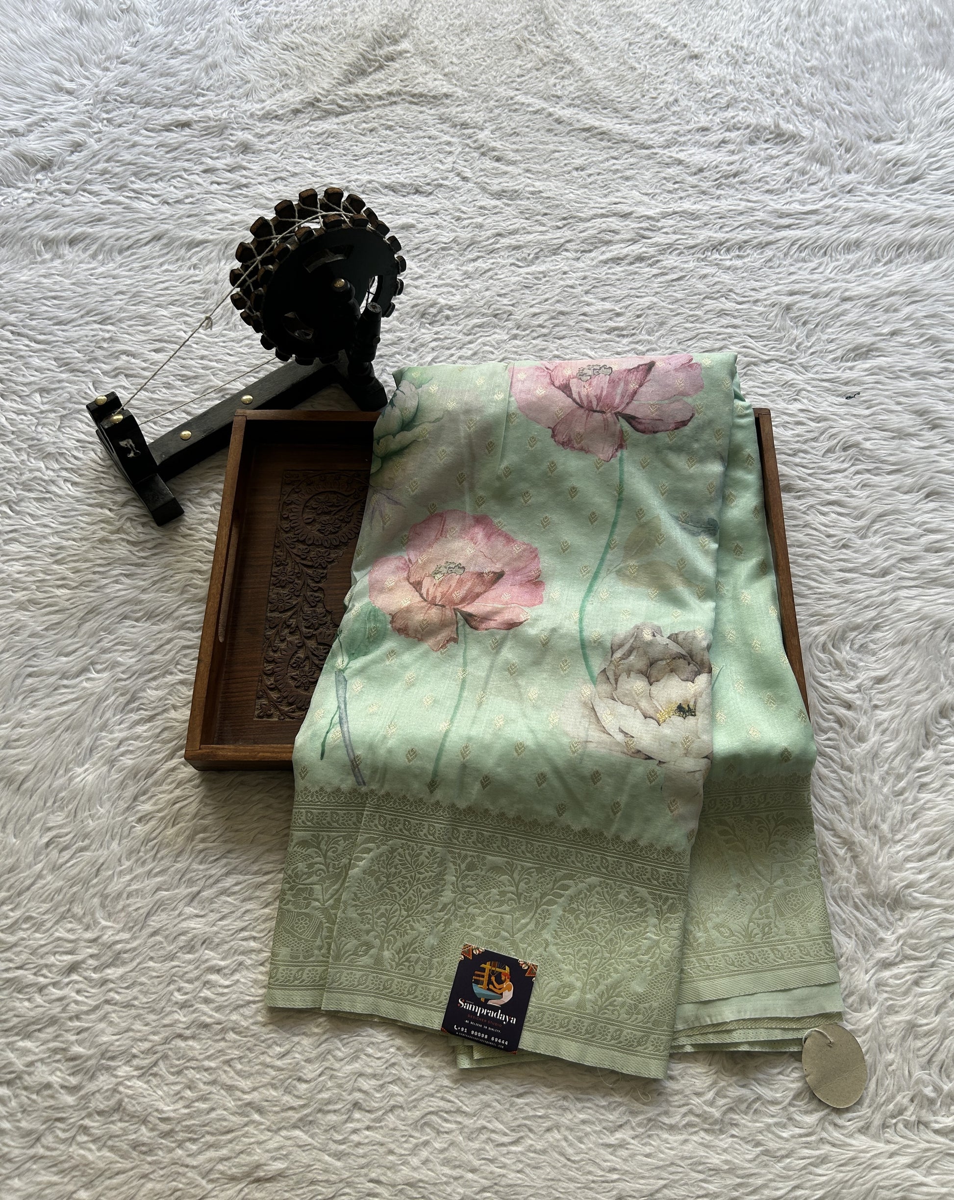 Semi Georgette Saree Very Light Green Colored Elegantly Paired with a Zari Border. - Sampradaya Designer Studio