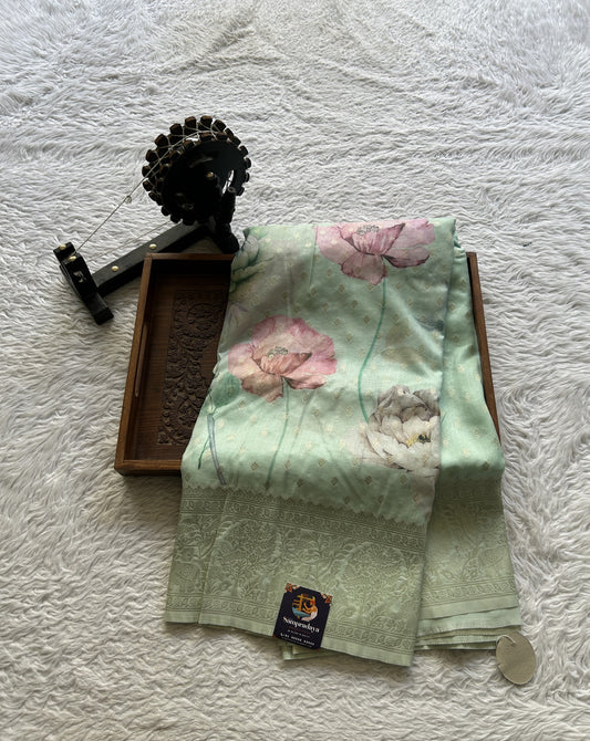 Semi Georgette Saree Very Light Green Colored Elegantly Paired with a Zari Border. - Sampradaya Designer Studio