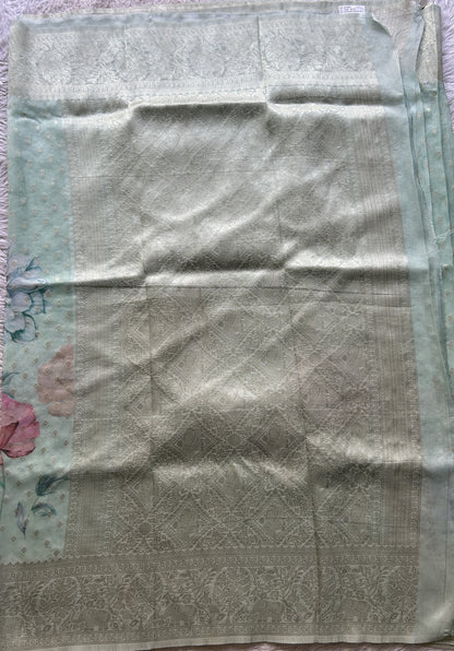 Semi Georgette Saree Very Light Green Colored Elegantly Paired with a Zari Border. - Sampradaya Designer Studio