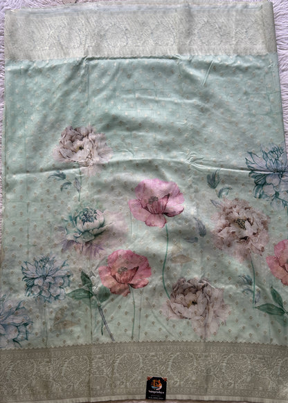 Semi Georgette Saree Very Light Green Colored Elegantly Paired with a Zari Border. - Sampradaya Designer Studio