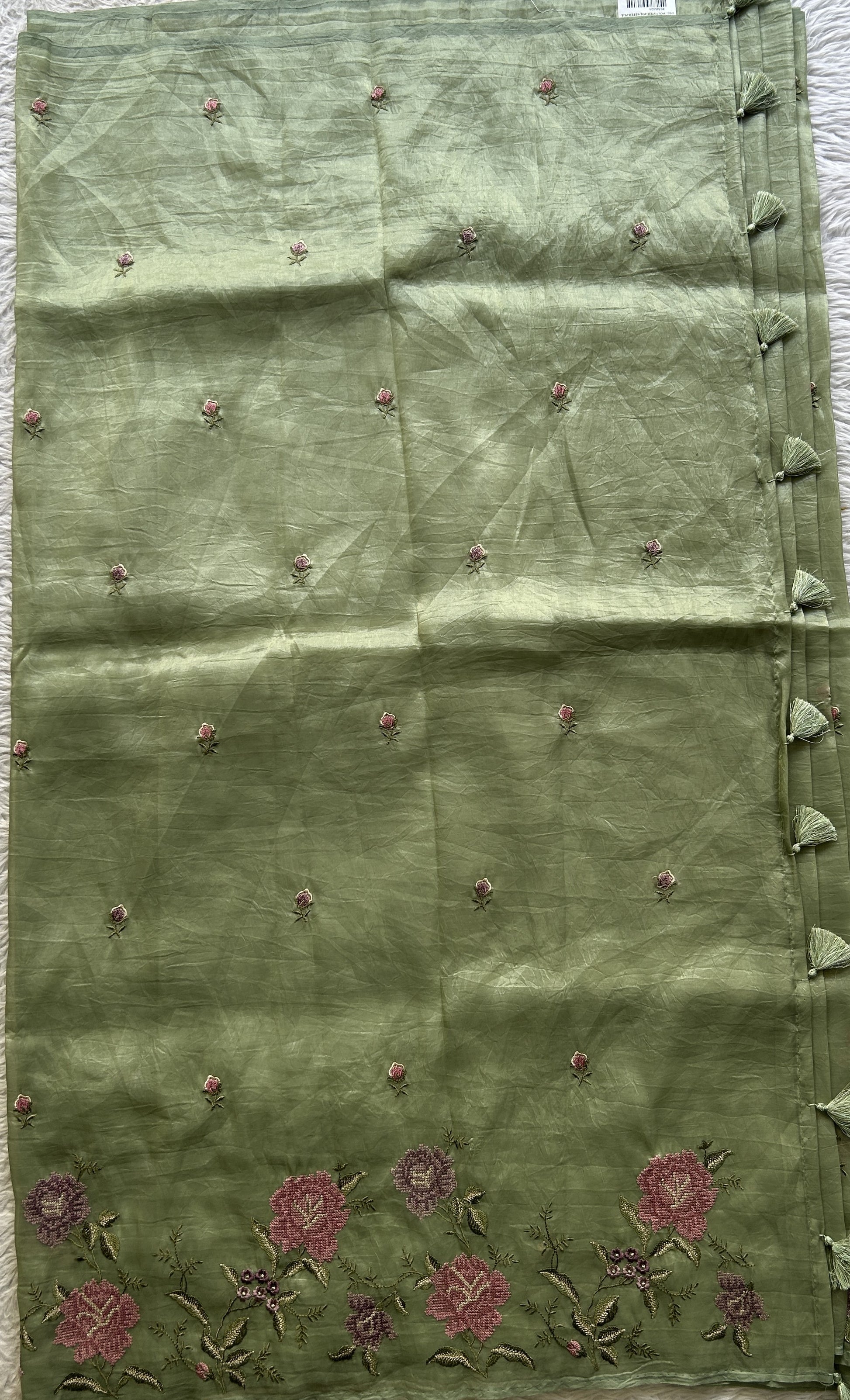 Inox Silk Saree Moss Green Colored Elegantly Paired with a Embroidered Border. - Sampradaya Designer Studio