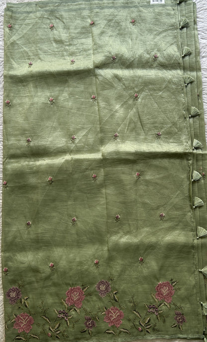 Inox Silk Saree Moss Green Colored Elegantly Paired with a Embroidered Border. - Sampradaya Designer Studio