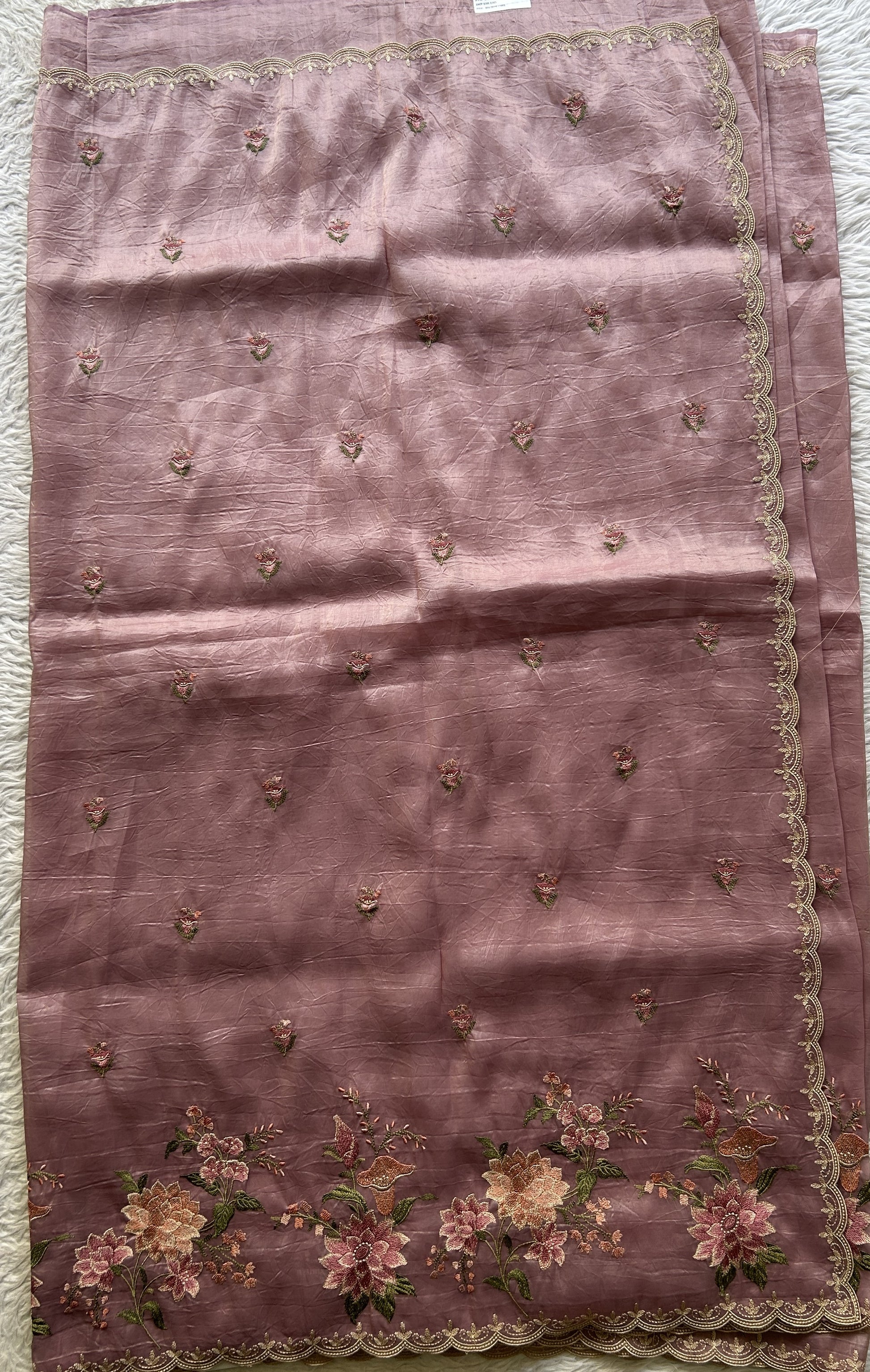 Inox Silk Saree Light Lilac Colored Elegantly Paired with a Embroidered Scallop Border. - Sampradaya Designer Studio