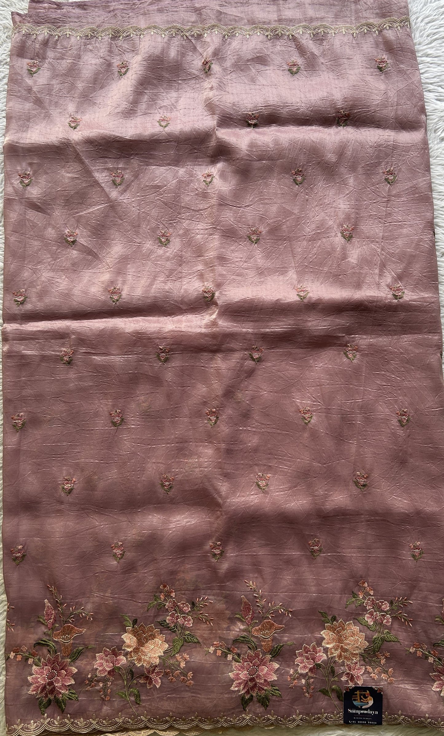 Inox Silk Saree Light Lilac Colored Elegantly Paired with a Embroidered Scallop Border. - Sampradaya Designer Studio