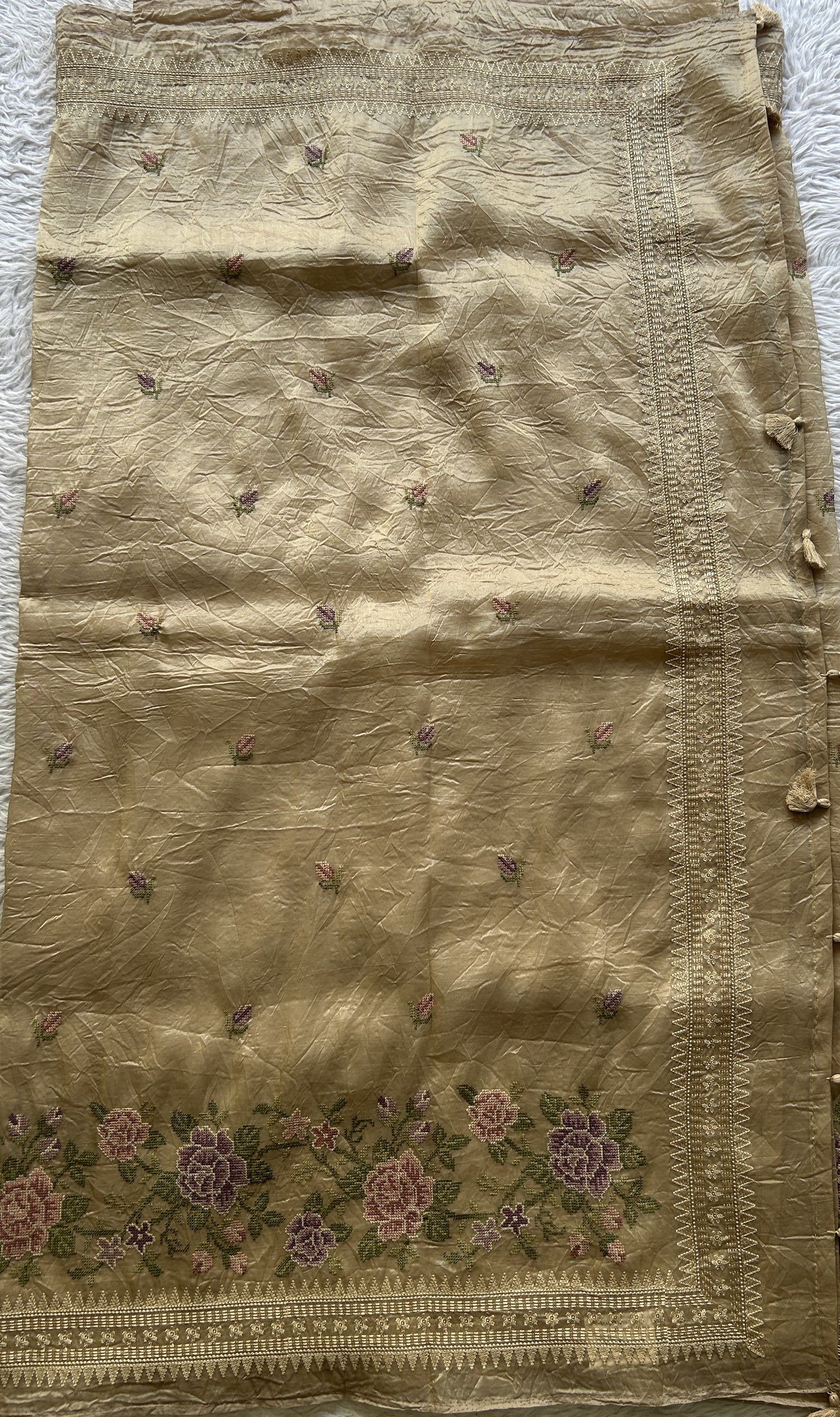 Inox Silk Saree Biscuit Colored Elegantly Paired with a Embroidered Border. - Sampradaya Designer Studio