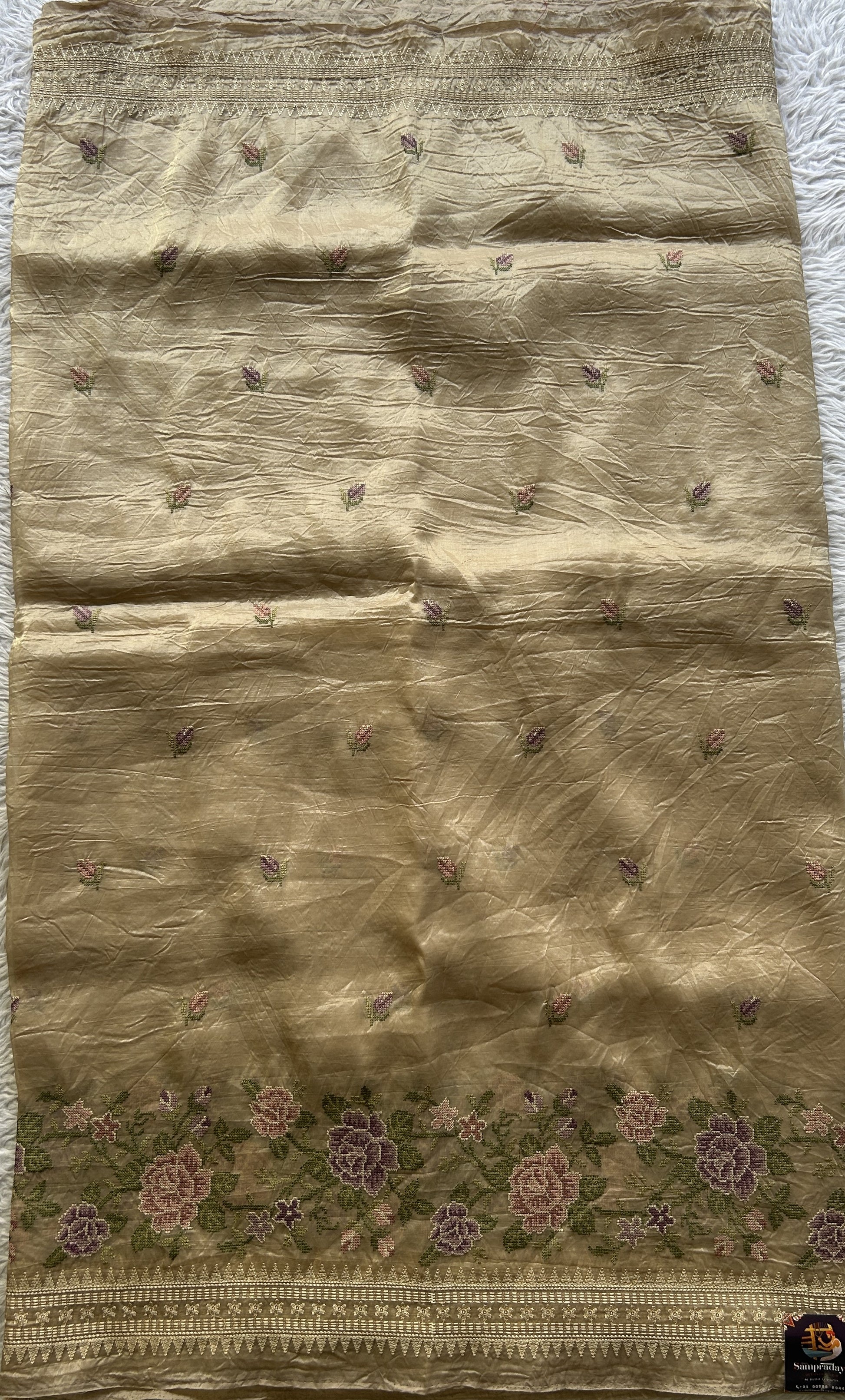 Inox Silk Saree Biscuit Colored Elegantly Paired with a Embroidered Border. - Sampradaya Designer Studio