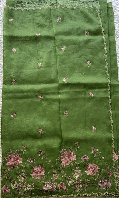 Inox Silk Saree Green Colored Elegantly Paired with a Borderless. - Sampradaya Designer Studio