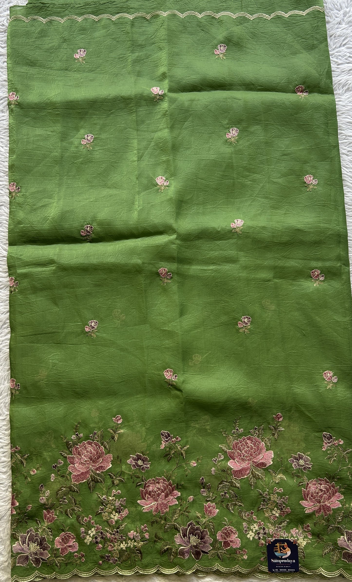 Inox Silk Saree Green Colored Elegantly Paired with a Borderless. - Sampradaya Designer Studio