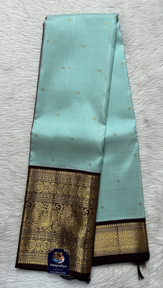 Kanjivaram Festive Silk Saree Sea Blue colored Saree complemented with a Brown Colored Gold Kanchi border. - Sampradaya Designer Studio